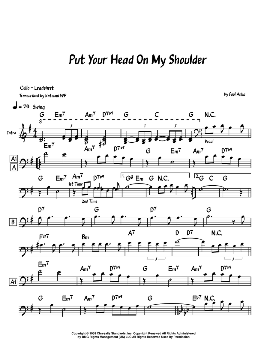 Put Your Head On My Shoulder Cello Solo scores gallery preview page 1