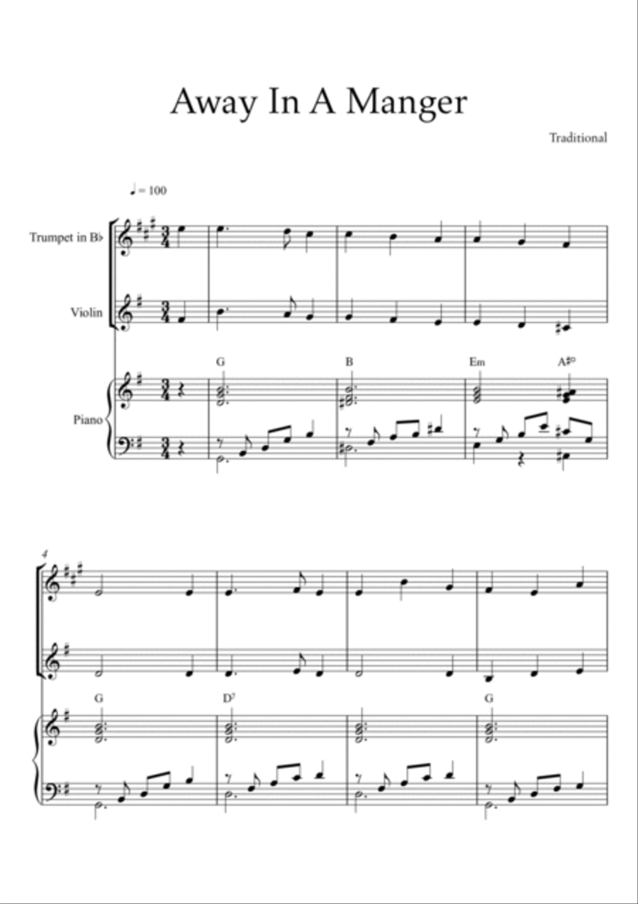 Traditional - Away In A Manger (Trio Piano, Trumpet and Violin) with chords Small Ensemble scores gallery preview page 2