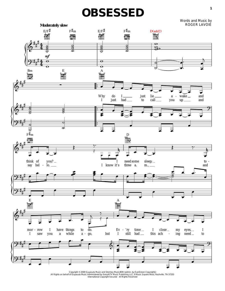 Obsessed Piano, Vocal, Guitar scores gallery preview page 1