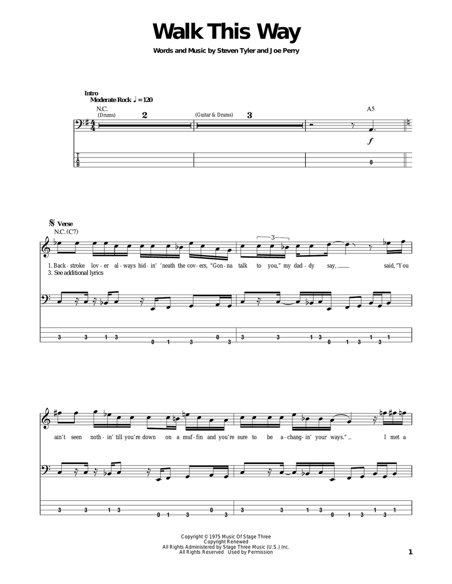 Walk This Way Bass Guitar Tablature scores gallery preview page 1