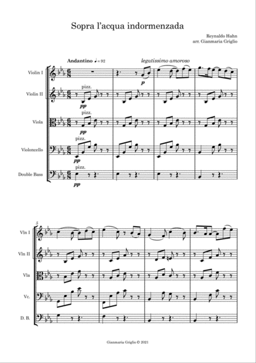 Reynaldo Hahn - Sopra l'acqua indormenzada String Orchestra scores gallery preview page 1