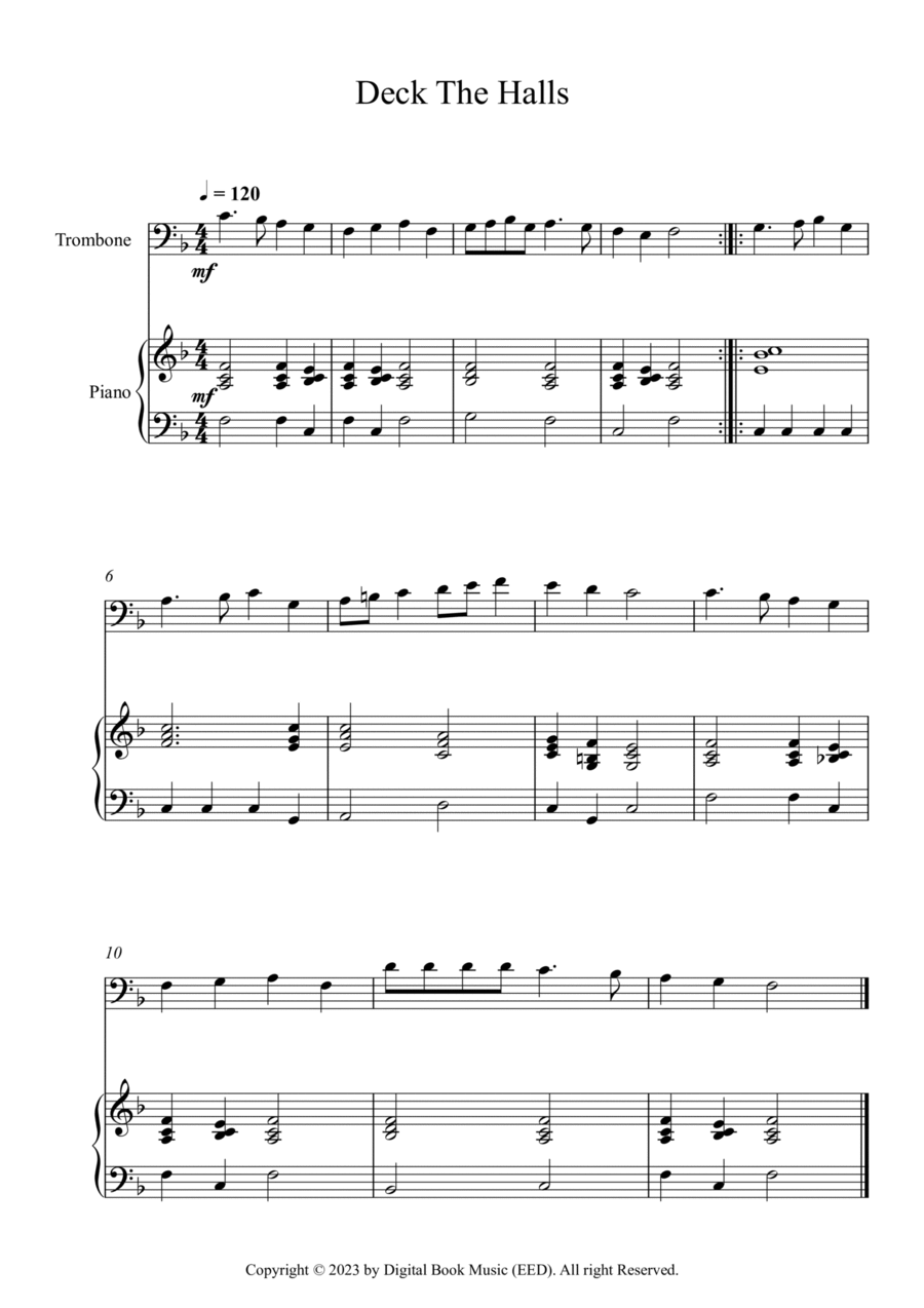 Deck The Halls (Trombone + Piano) Easy Piano scores gallery preview page 1