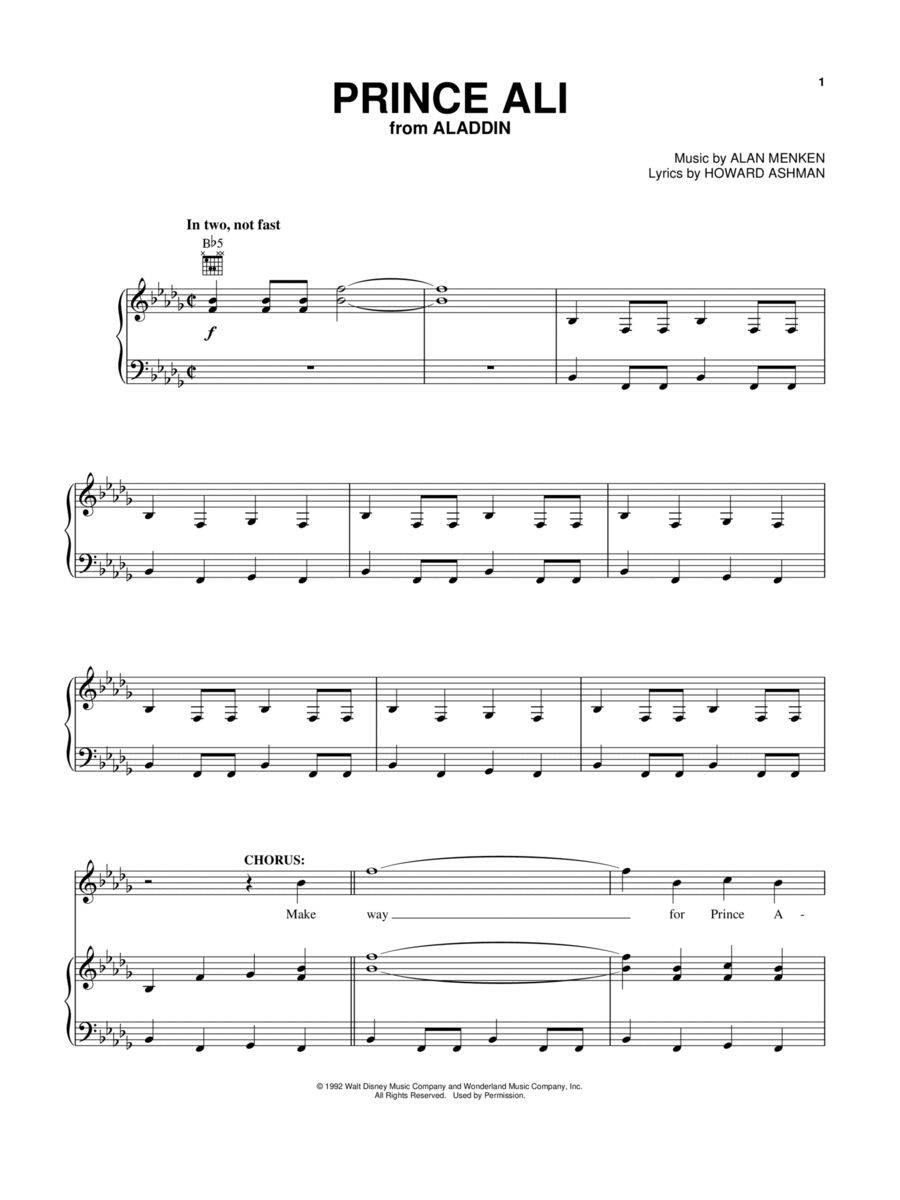 Prince Ali (from Aladdin) Piano, Vocal, Guitar scores gallery preview page 1
