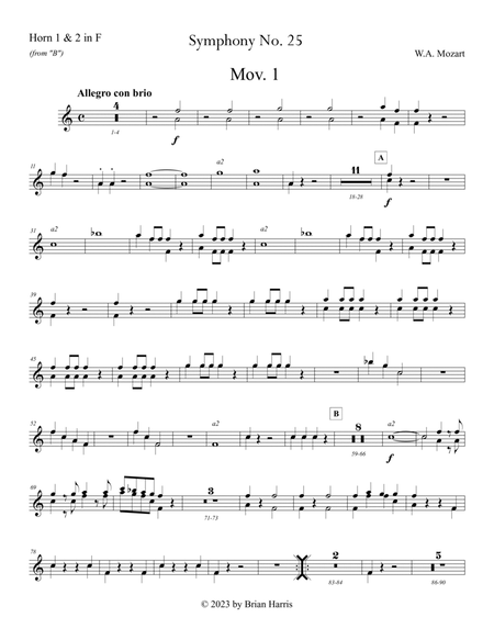 Mozart - Symphony No. 25 in G minor - transposed parts for Horn in F (Hn. 1, 2, 3, 4) by Brian Harris Horn Solo - Digital Sheet Music