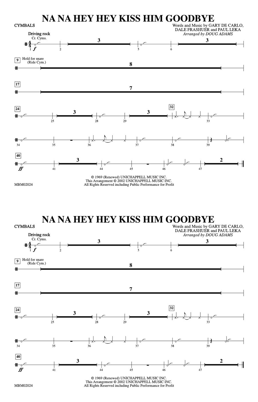 Na Na Hey Hey Kiss Him Goodbye: Cymbals