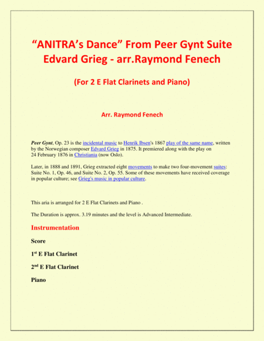 Anitra's Dance - From Peer Gynt - 2 E Flat Clarinets and Piano image number null