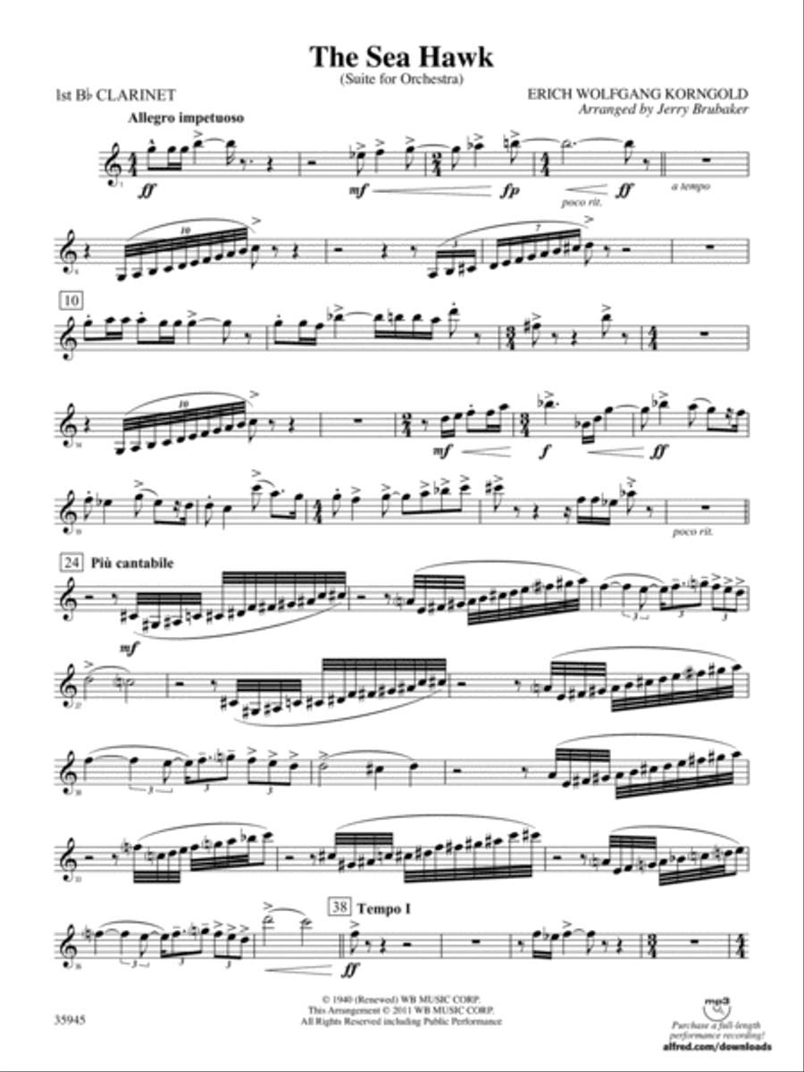 The Sea Hawk: 1st B-flat Clarinet Full Orchestra scores gallery preview page 1