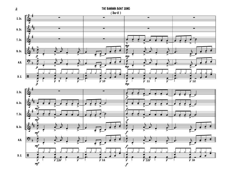 The Banana Boat Song (Day - O) - Sax Quartet (SATB or AATB) Plus Optional Acoustic Bass and Drum Set Saxophone Quartet scores gallery preview page 2