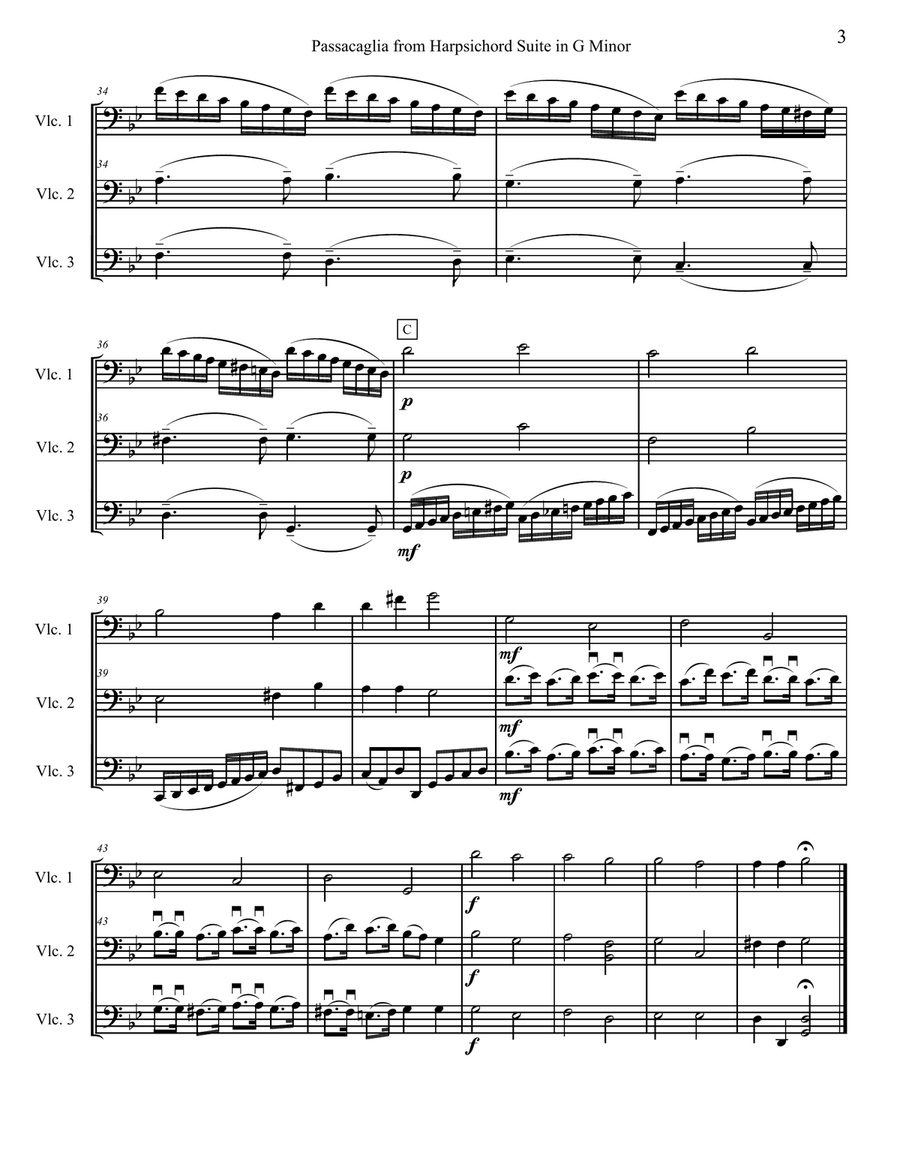 Passacaglia in G Minor, arranged for three intermediate cellos (cello trio), HWV 432 Small Ensemble scores gallery preview page 3