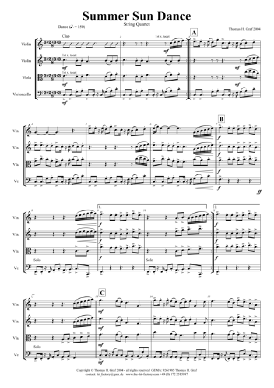Summer Sun Dance - 11/8 - Folk Dance Style - String Quartet String Quartet scores gallery preview page 1