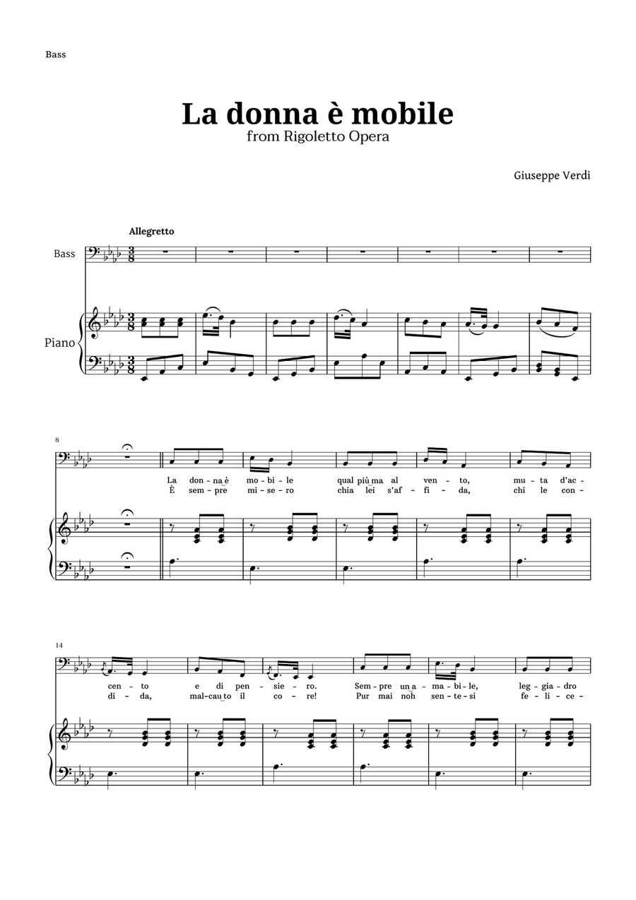 La donna è mobile in A-flat major for Bass and Piano Piano, Vocal scores gallery preview page 1