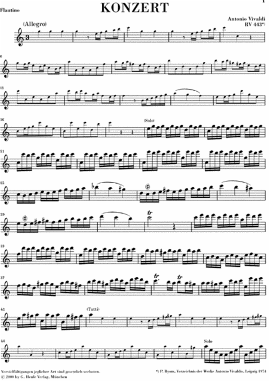 Concerto for Flautino (Recorder/Flute) and Orchestra in C Major, Op. 44, 11 RV 443 Recorder scores gallery preview page 4
