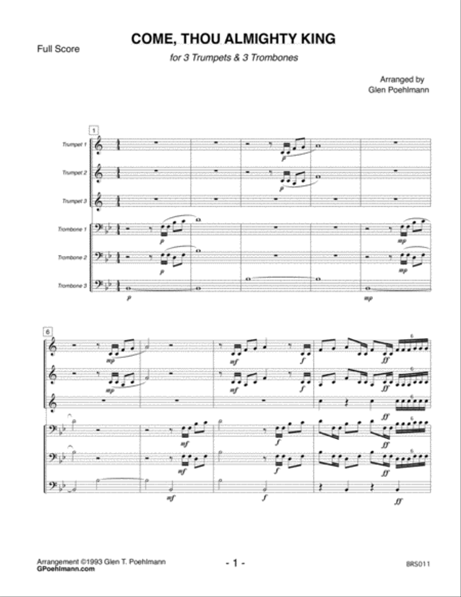 COME THOU ALMIGHTY KING - 3 TRUMPETS & 3 TROMBONES (unaccompanied) Brass Duet scores gallery preview page 1