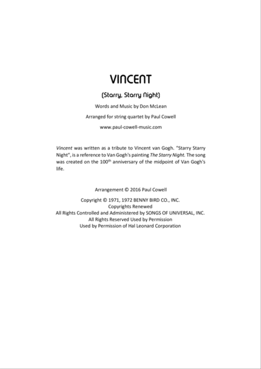 Vincent (Starry Starry Night) String Quartet scores gallery preview page 2