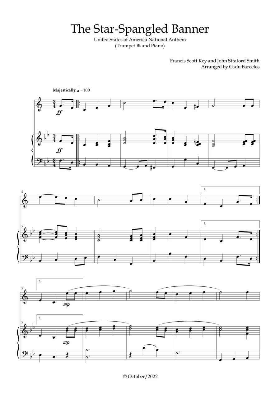The Star-Spangled Banner - EUA Hymn (Trumpet Bb and Piano) B-Flat Trumpet scores gallery preview page 1