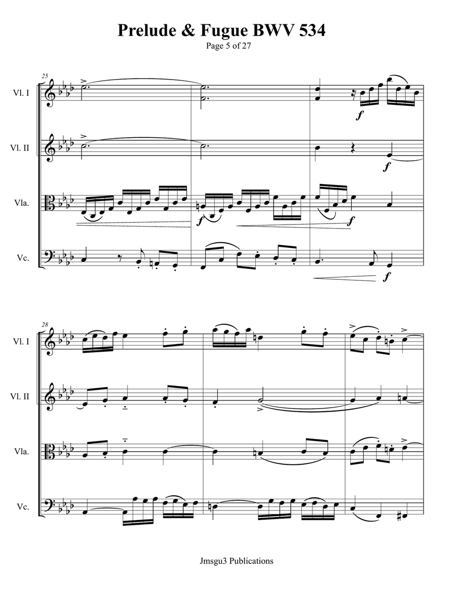 Bach: Prelude & Fugue in F Minor BWV 534 for String Quartet String Quartet scores gallery preview page 5