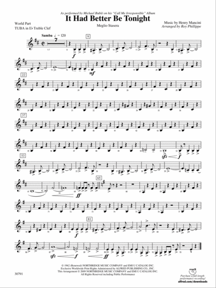 It Had Better Be Tonight (Meglio Stasera): (World Part) E-flat Tuba T.C. Concert Band scores gallery preview page 1