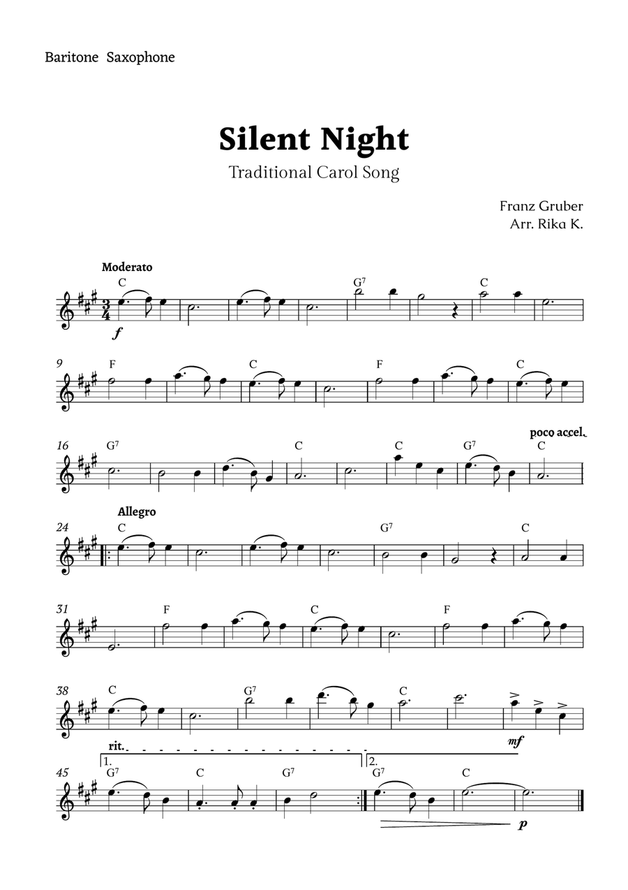 Silent Night for Baritone Sax Solo Baritone Saxophone scores gallery preview page 1