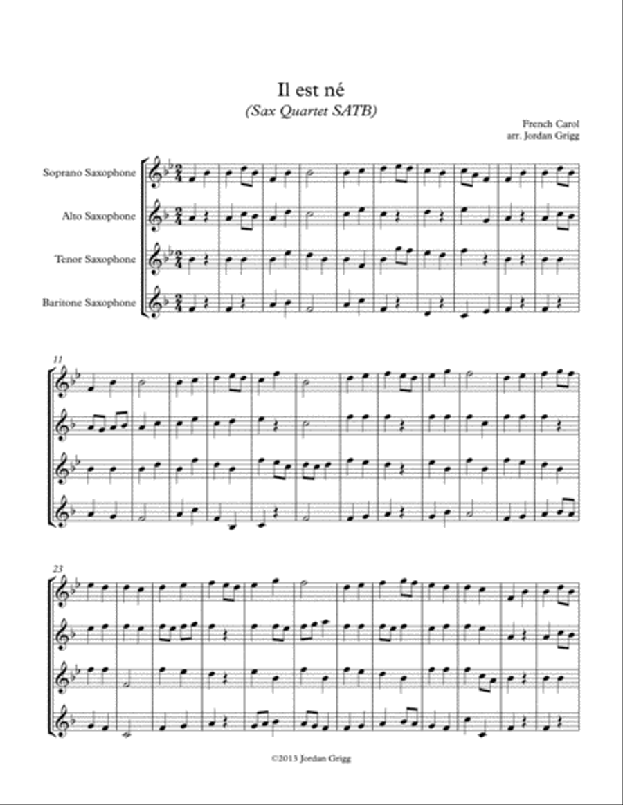 Il est né (Sax Quartet SATB) Saxophone Quartet scores gallery preview page 1