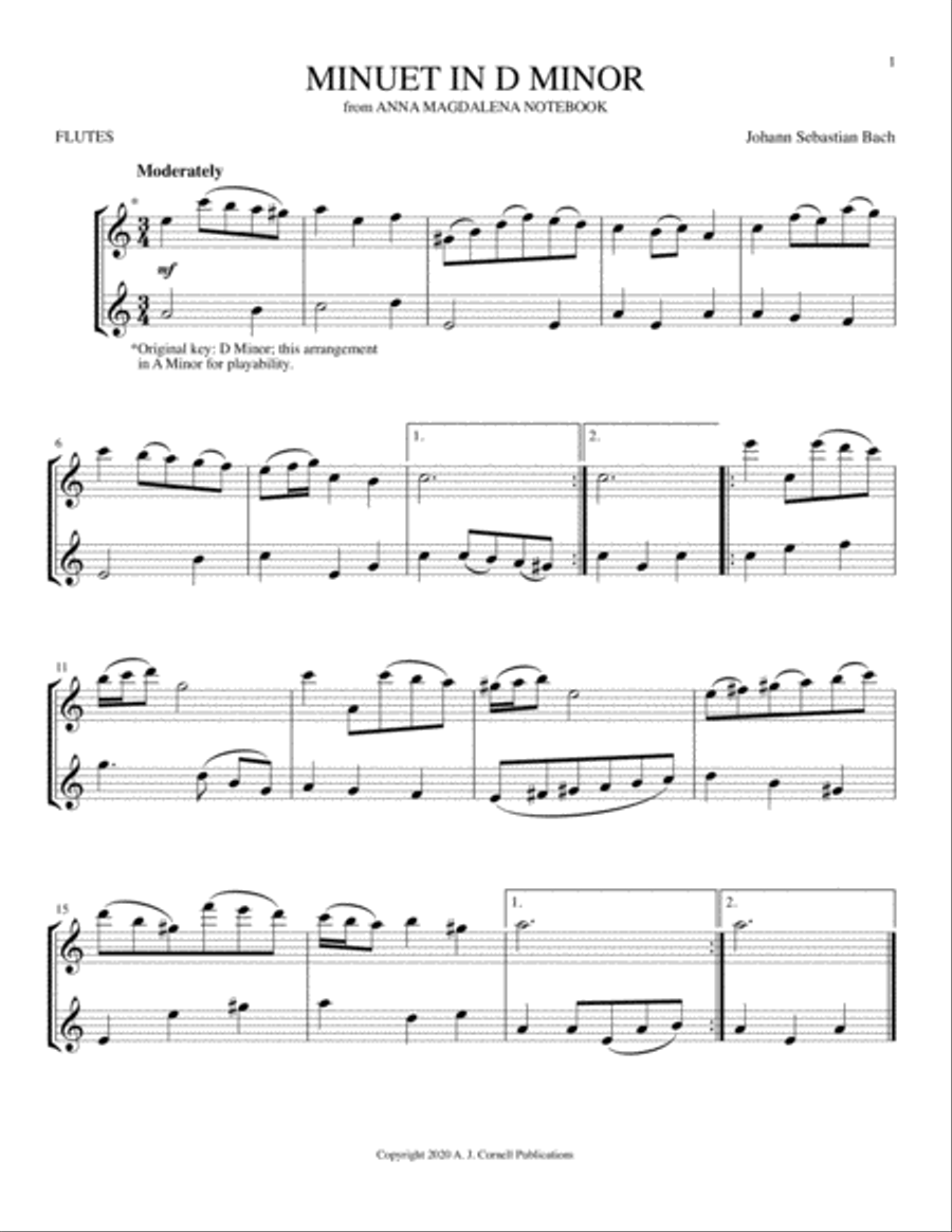 Minuet in D Minor (from Anna Magdalena Notebook) Flute Duet scores gallery preview page 1