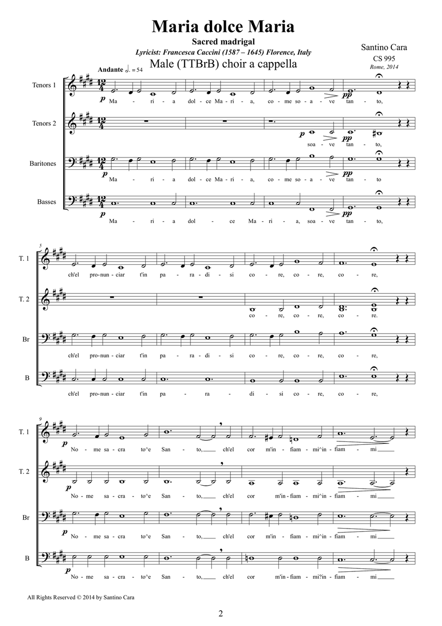 Maria dolce Maria - Sacred madrigal for Male (TTBrB) choir a cappella TTBB scores gallery preview page 2