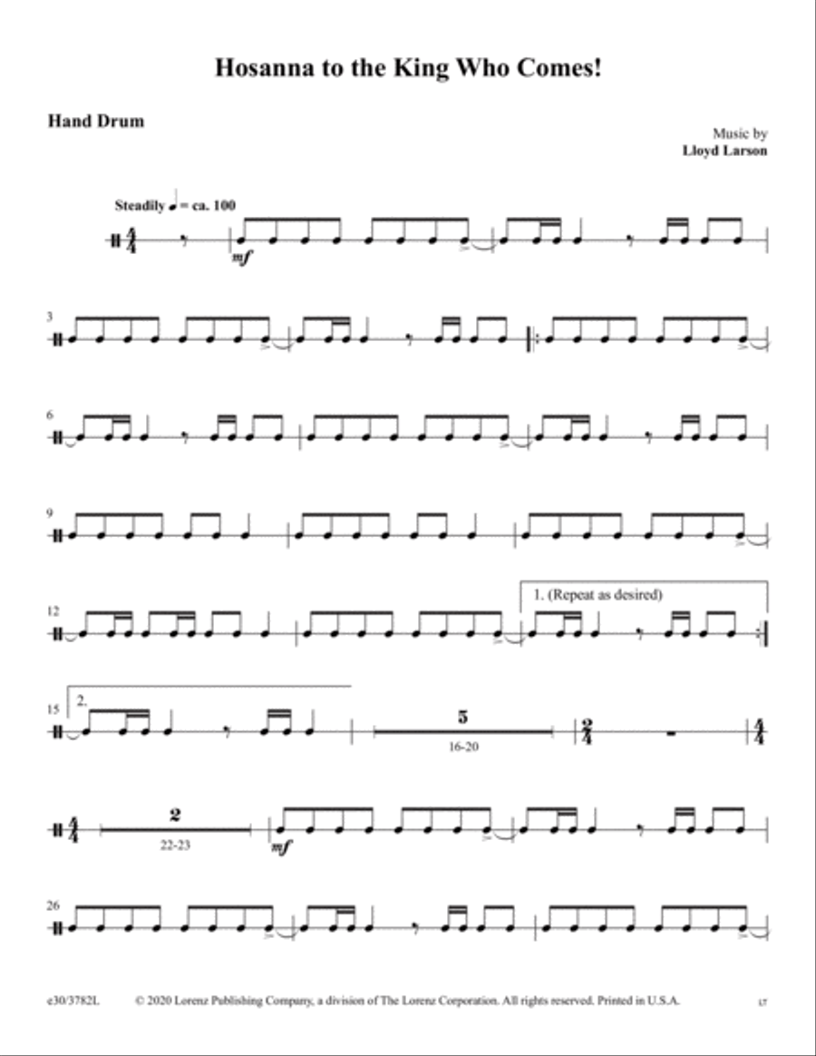 Hosanna to the King Who Comes! - Hand Drum and Bass Part (Digital Download) Percussion scores gallery preview page 2