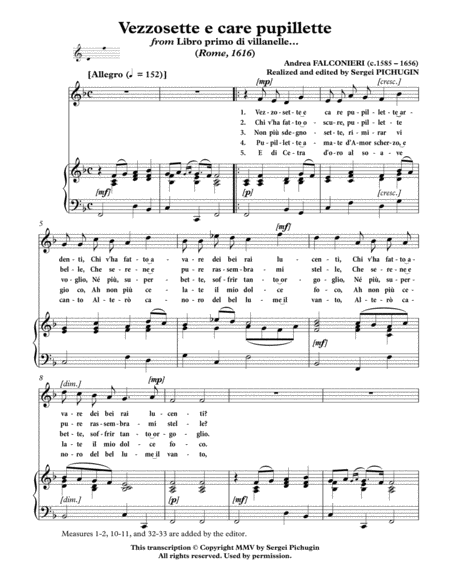 FALCONIERI Andrea: Vezzosette e care pupillette, villanella, arranged for Voice and Piano (F major) image number null