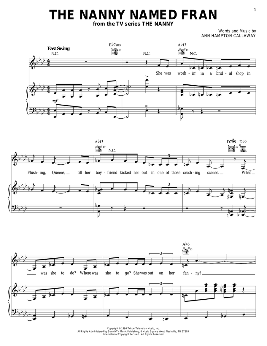 The Nanny Named Fran Piano, Vocal, Guitar scores gallery preview page 1
