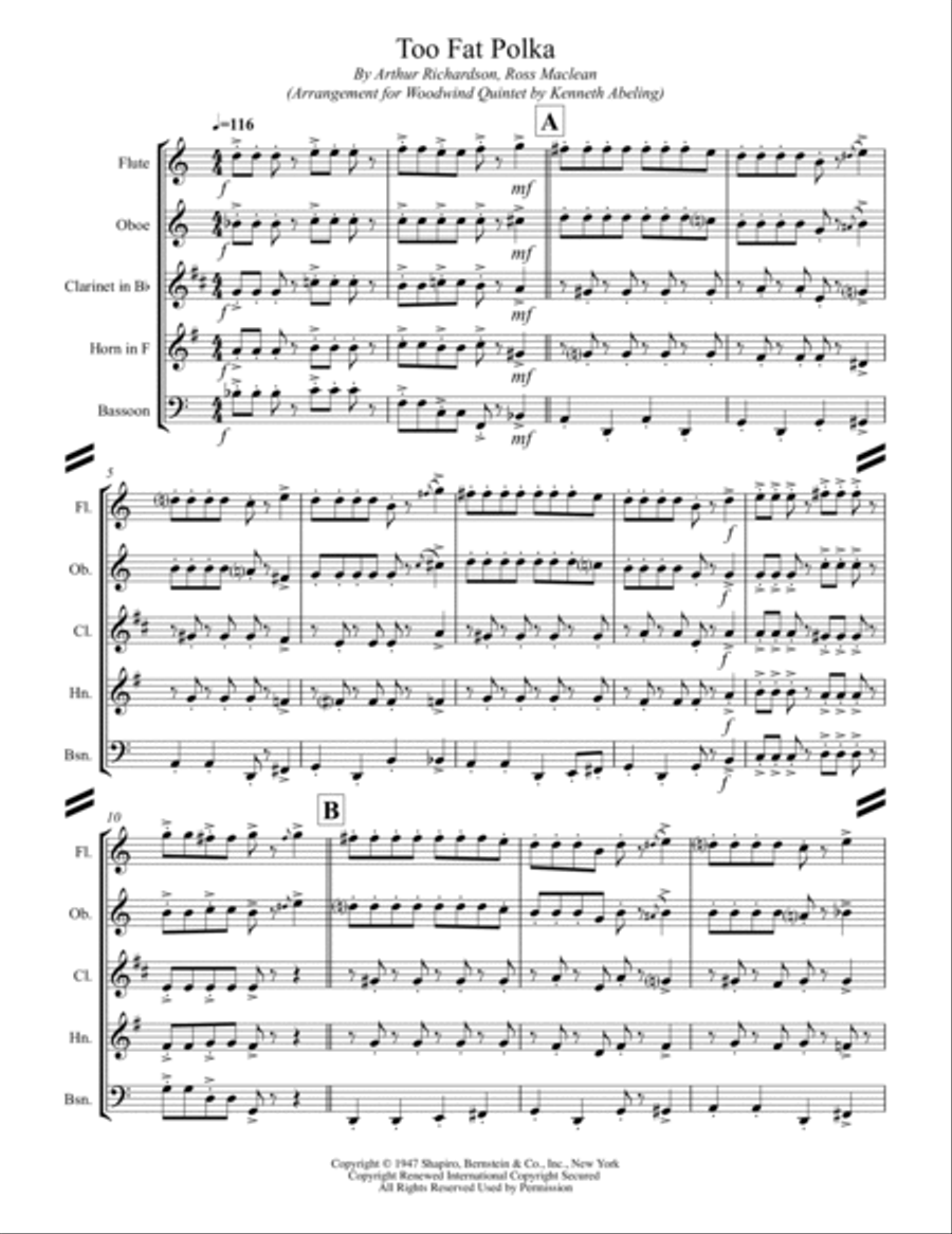 Too Fat Polka (she's Too Fat For Me) Woodwind Quintet scores gallery preview page 2