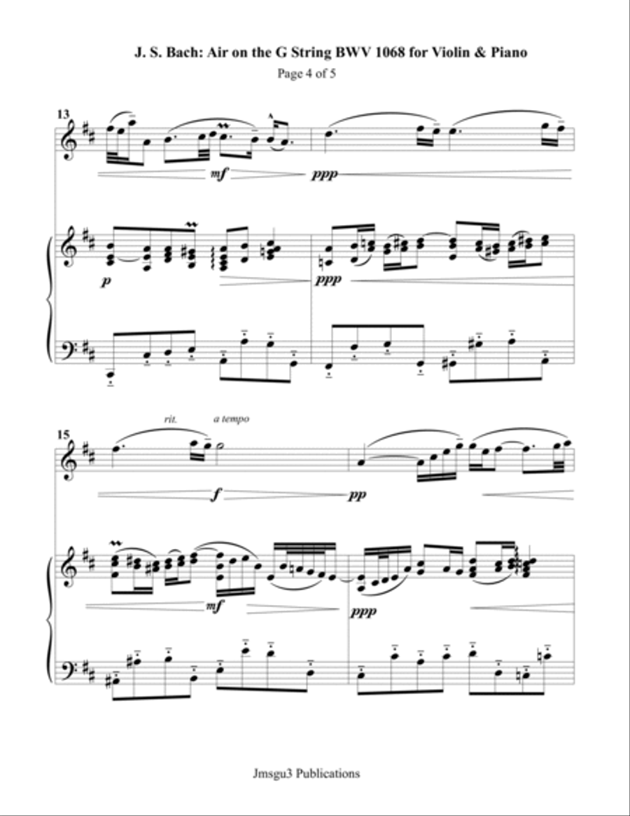 Bach: Air on a G String for Violin & Piano Violin Solo scores gallery preview page 4