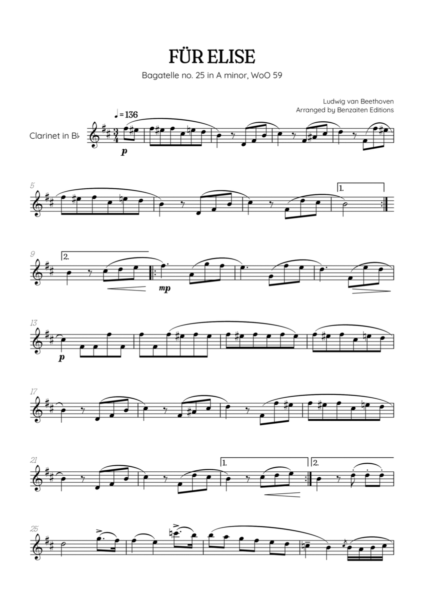 Beethoven • Für Elise / Pour Elise • clarinet sheet music image number null