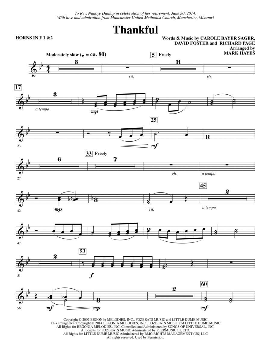 Thankful (arr. Mark Hayes) - F Horn 1 & 2 Choir scores gallery preview page 1