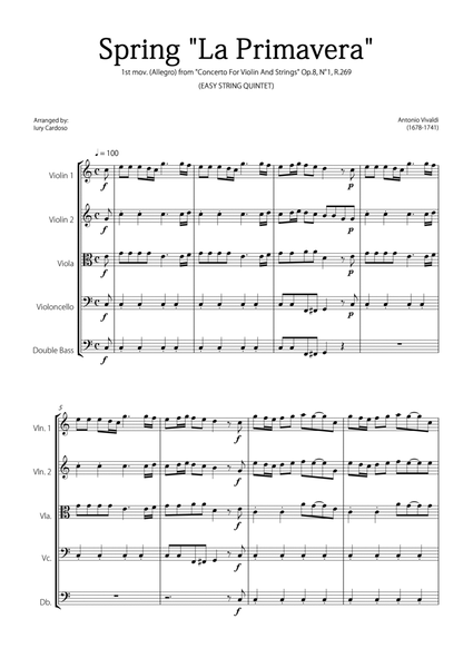 "Spring" (La Primavera) by Vivaldi - Easy version for STRING QUINTET image number null