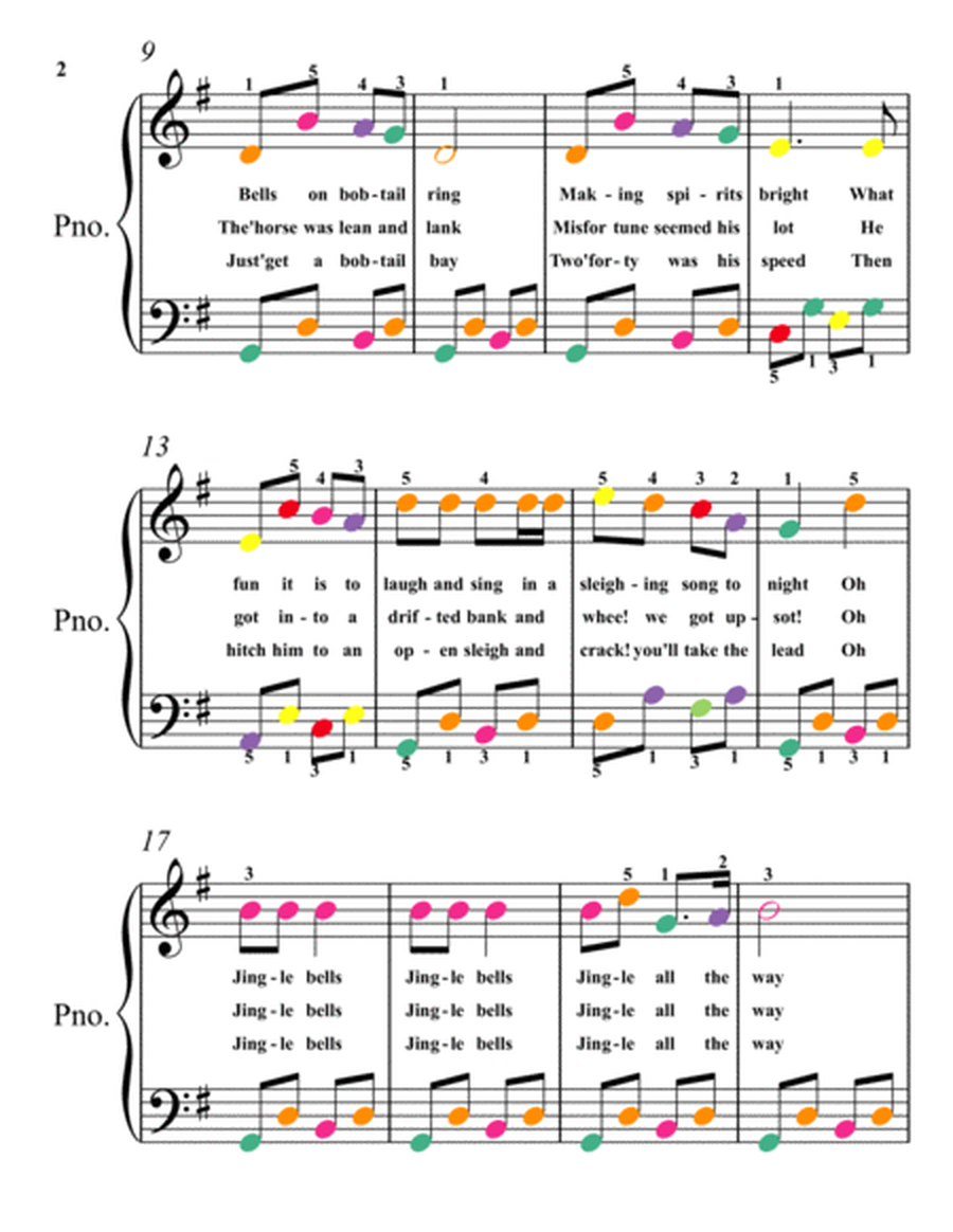 Jingle Bells Easy Piano Sheet Music with Colored Notes