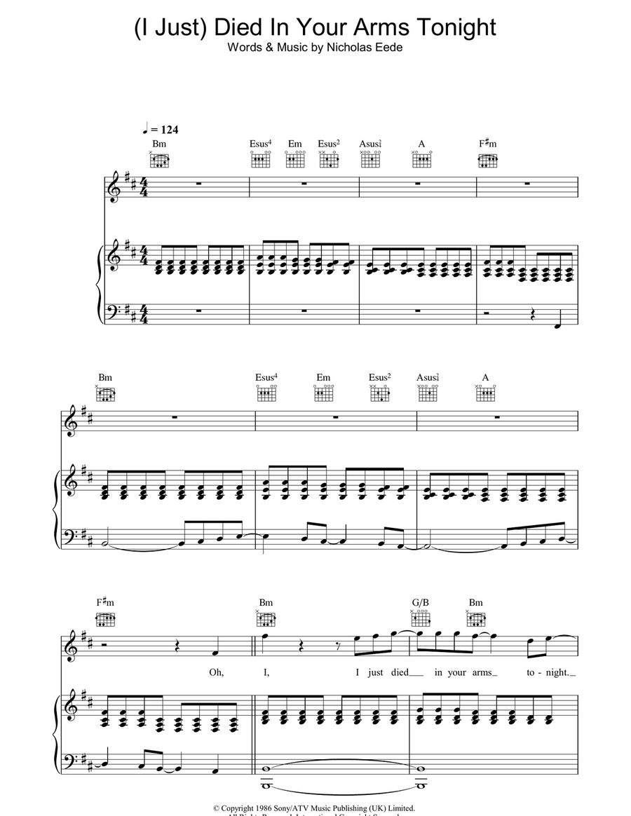 (I Just) Died In Your Arms Tonight Piano, Vocal, Guitar scores gallery preview page 1