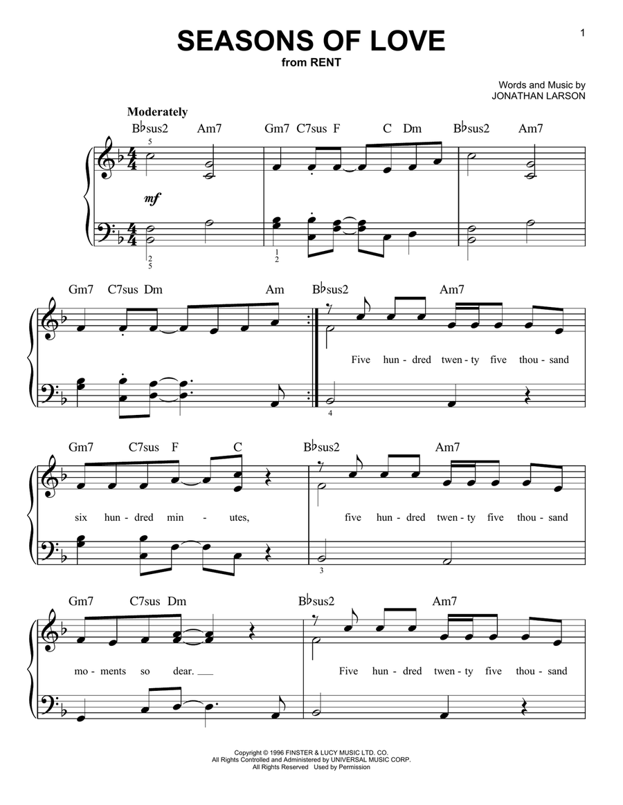 Seasons Of Love (from Rent) Easy Piano scores gallery preview page 1