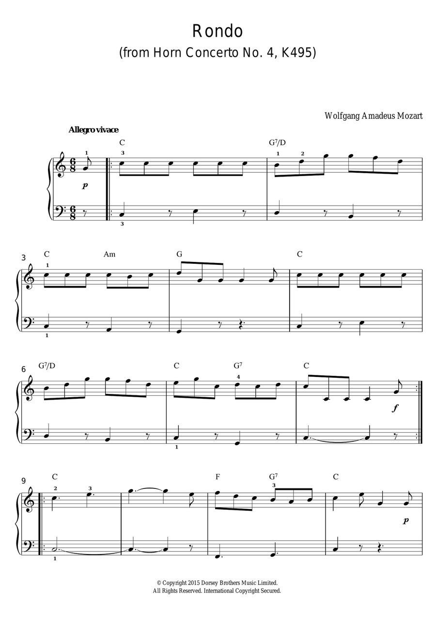 Rondo from Horn Concerto No.4, K495 Piano, Vocal, Guitar scores gallery preview page 1