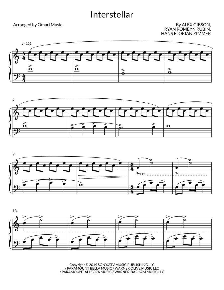 Interstellar Piano Solo scores gallery preview page 1