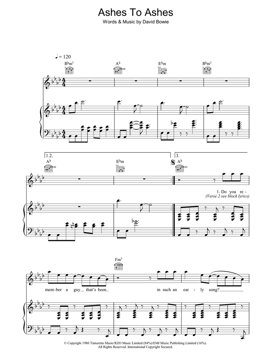 Ashes To Ashes Piano, Vocal, Guitar scores gallery preview page 1