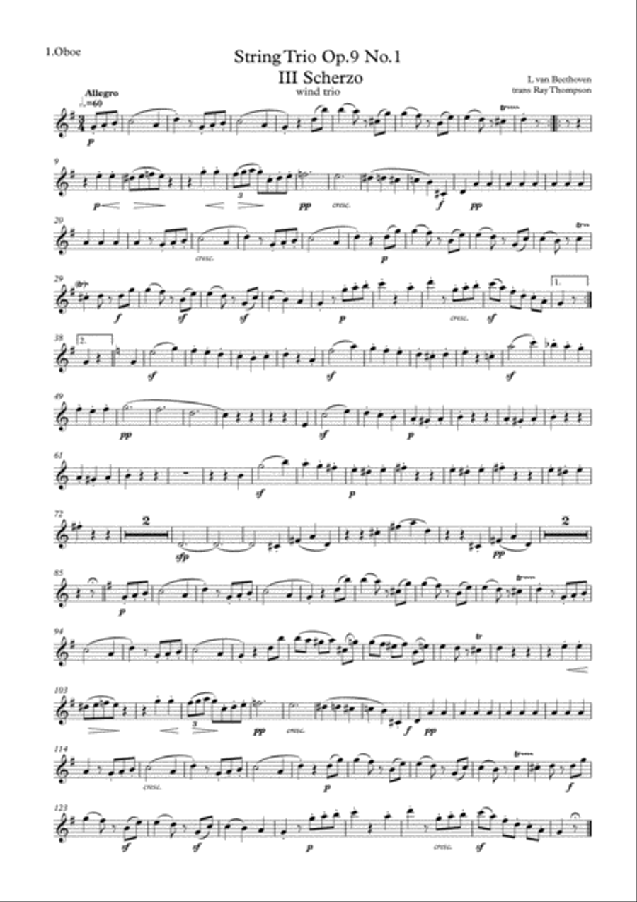 Beethoven: String Trio No.3 in G Op.9 No.1 Mvt.III Scherzo - woodwind trio Woodwind Quintet scores gallery preview page 5