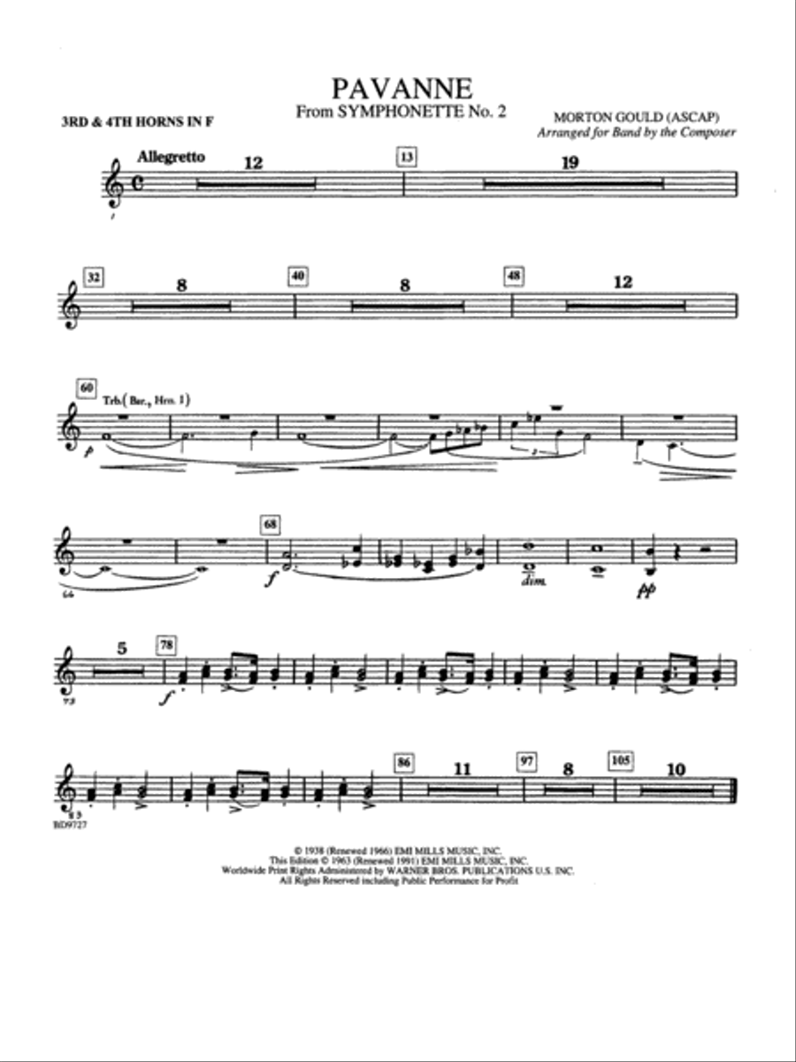 Pavanne (from Symphonette No. 2): 3rd & 4th F Horns Concert Band scores gallery preview page 1