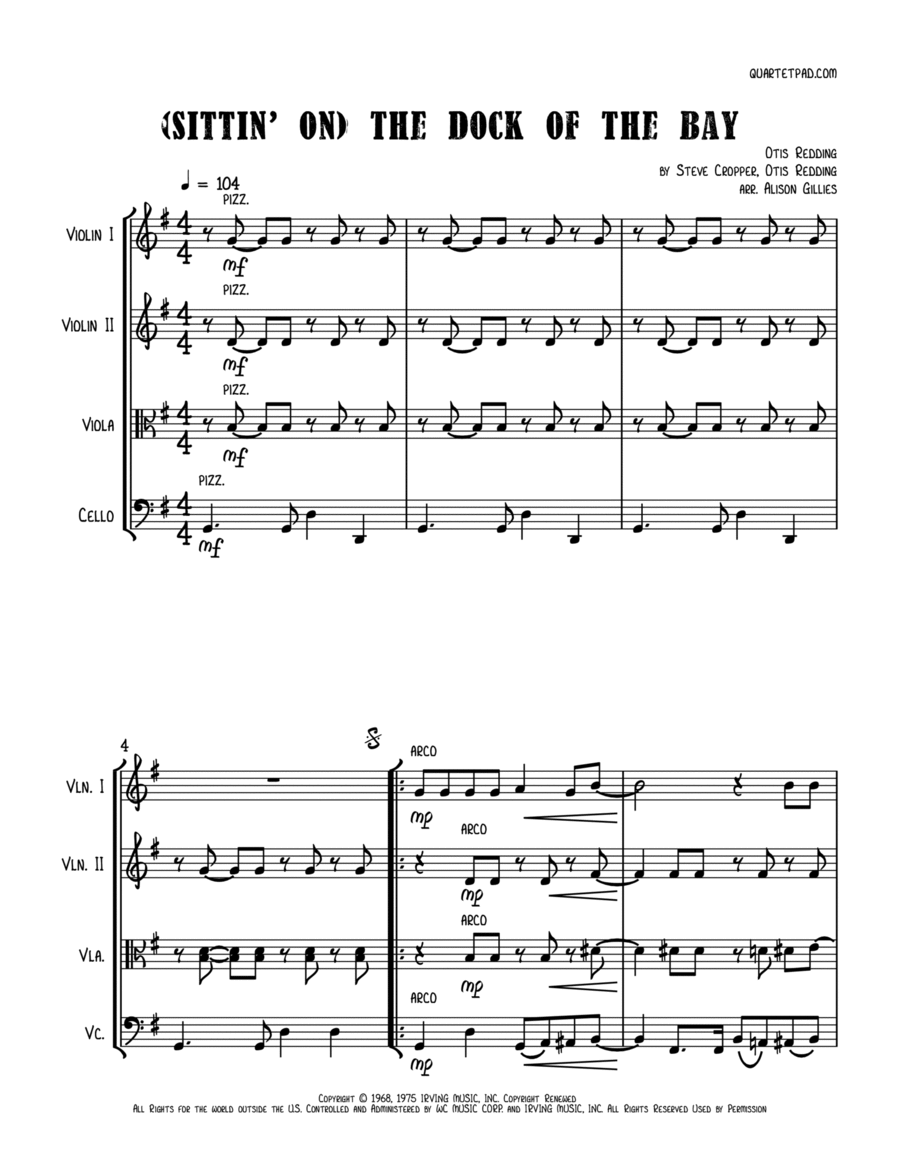 (sittin' On) The Dock Of The Bay String Quartet scores gallery preview page 1