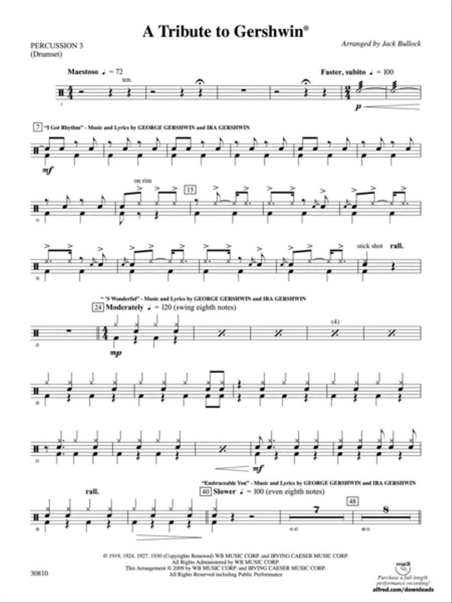 A Tribute to Gershwin: 3rd Percussion Concert Band scores gallery preview page 1