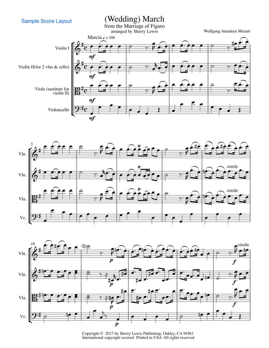 MARCH FROM THE MARRIAGE OF FIGARO, Mozart, String Trio, Intermediate Level for 2 violins and cello String Trio scores gallery preview page 1