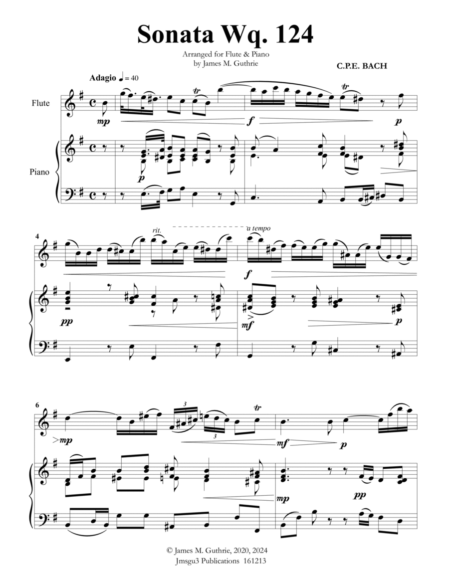 CPE BACH: Sonata in E Minor WQ124 for Flute & Piano Flute Solo scores gallery preview page 1