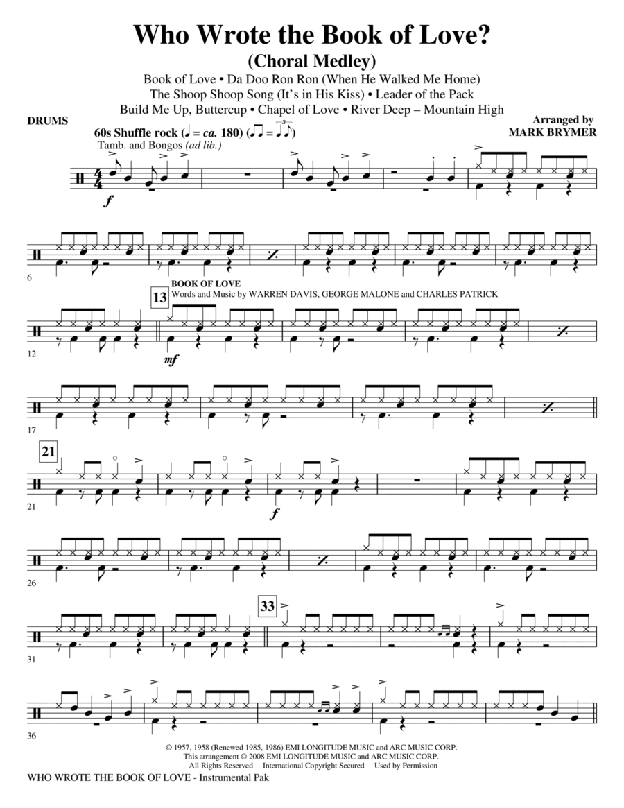 Who Wrote The Book Of Love? (Choral Medley) - Drums Choir scores gallery preview page 1