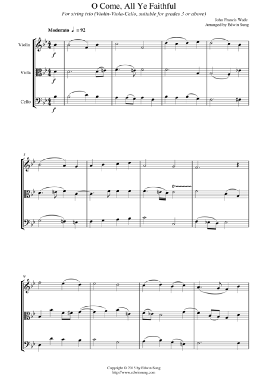O Come, All Ye Faithful (for string trio (violin-viola-cello), suitable for grades 3 or above) String Trio scores gallery preview page 1