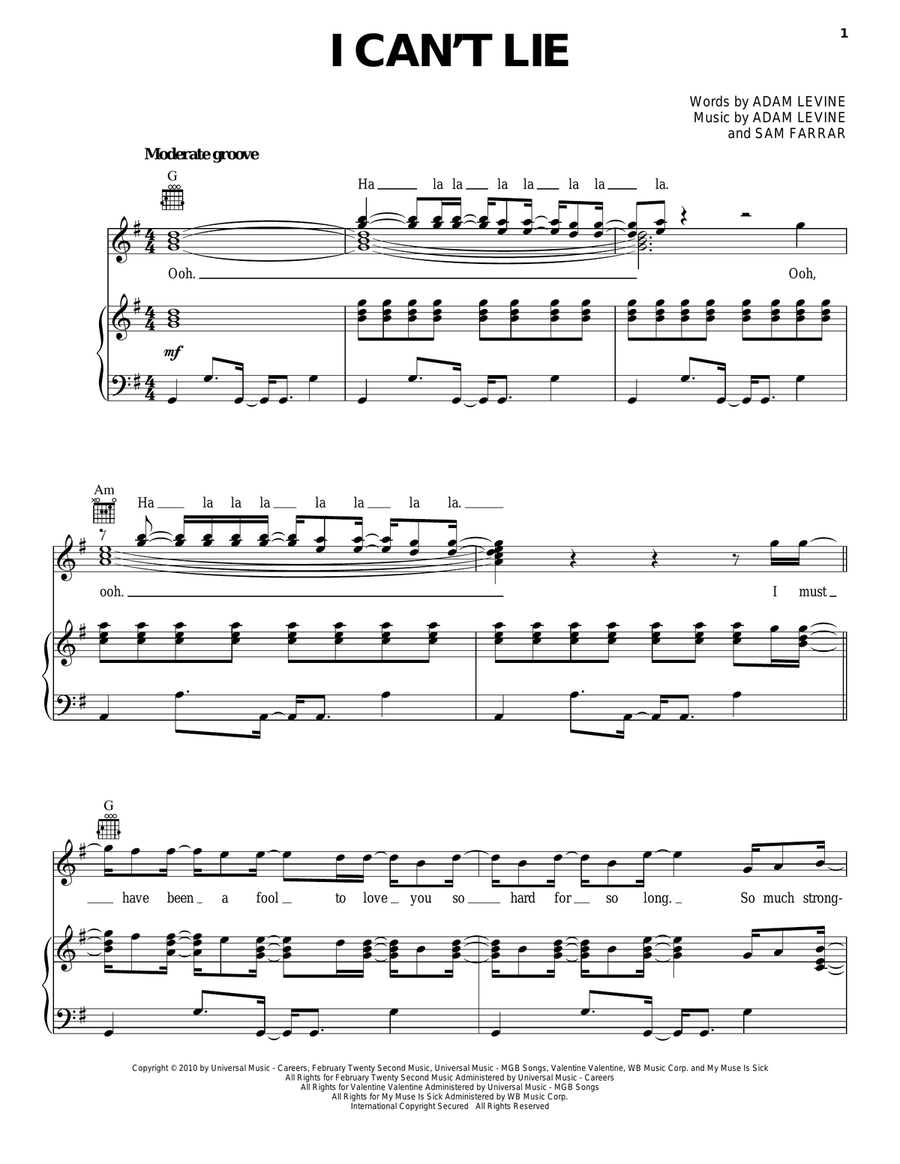 I Can't Lie Piano, Vocal, Guitar scores gallery preview page 1