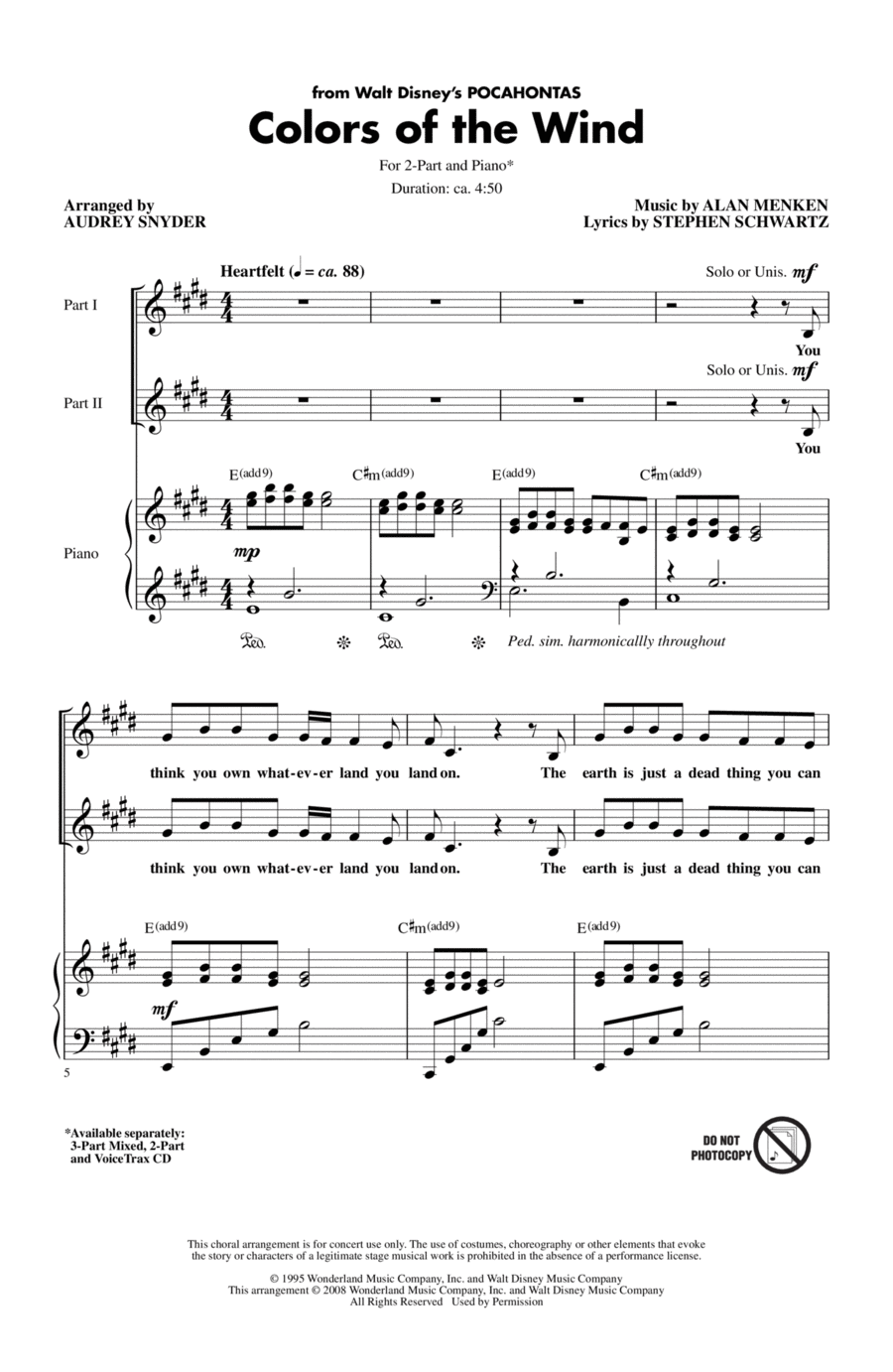 Colors Of The Wind (from Pocahontas) (arr. Audrey Snyder) 2-Part scores gallery preview page 1