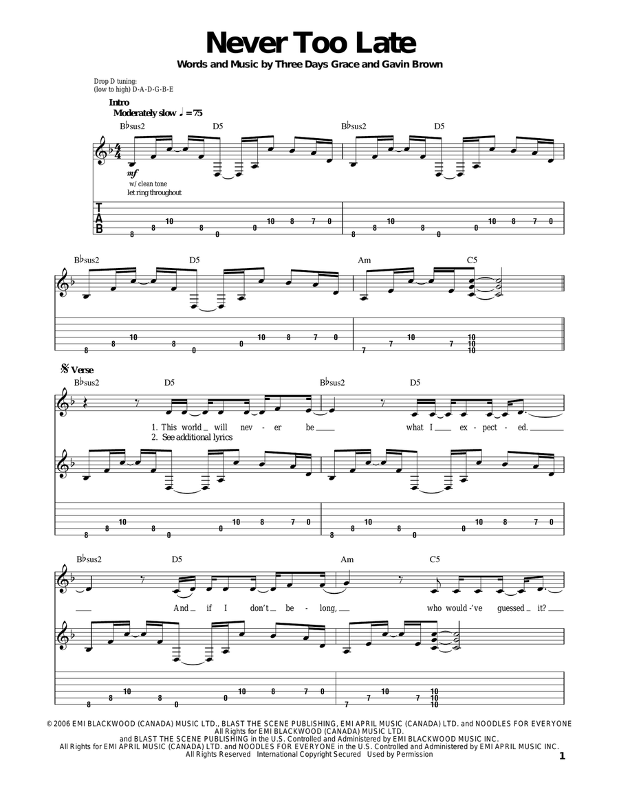 Never Too Late Guitar Tablature scores gallery preview page 1